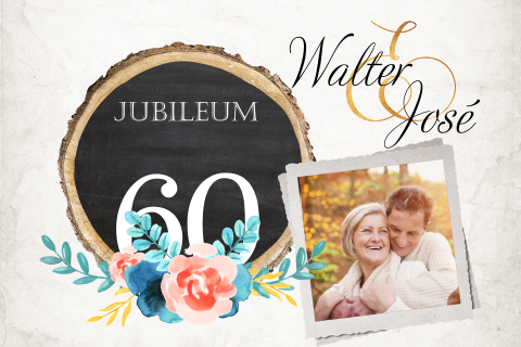 60 jaar getrouwd uitnodiging hout en bloemen