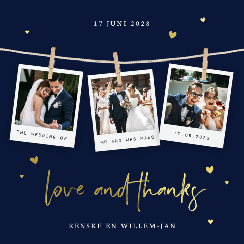 Bedankkaart trouwen donkerblauw met foto en hartjes