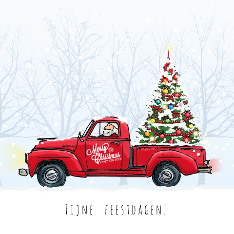 Origineel getekende kerstkaart met vrachtwagen & kerstboom
