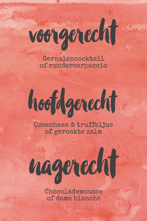 Hippe menukaart met roze waterverf en brush letters