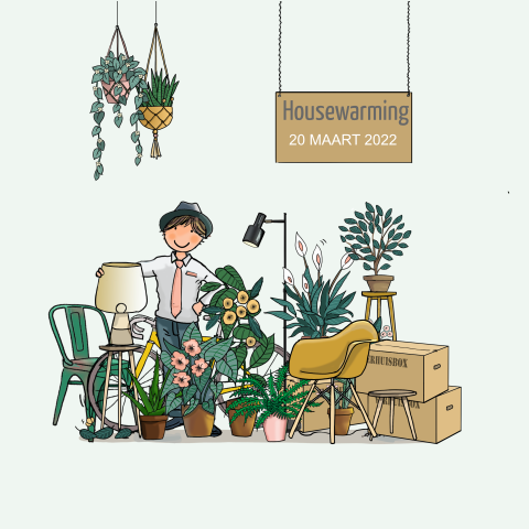 Housewarming uitnodiging met verhuisdozen en planten