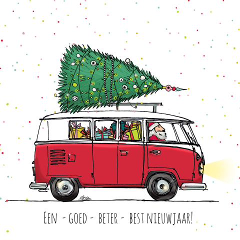 Origineel getekende kerst verhuiskaart bus met kerstboom