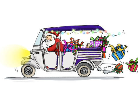Fraai getekende kerstkaart met tuktuk en kerstman