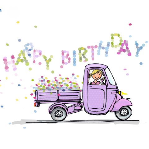 Happy birthday kaart met lila Piaggio Ape scooter