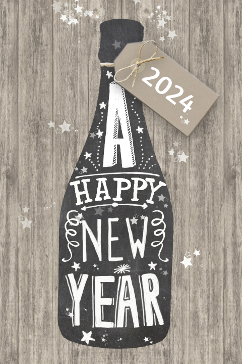 Nieuwjaarskaart met champagne krijtbord op houtprint