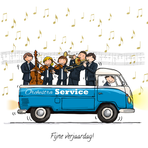 Verjaardagskaart met orchestra orkest in Volkswagen