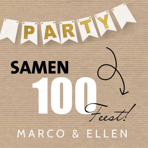 Uitnodiging voor een samen 100 feest met PARTY slinger