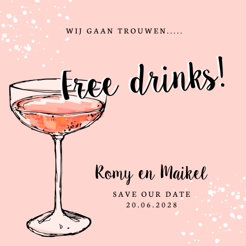 Save the Date kaart roze free drinks