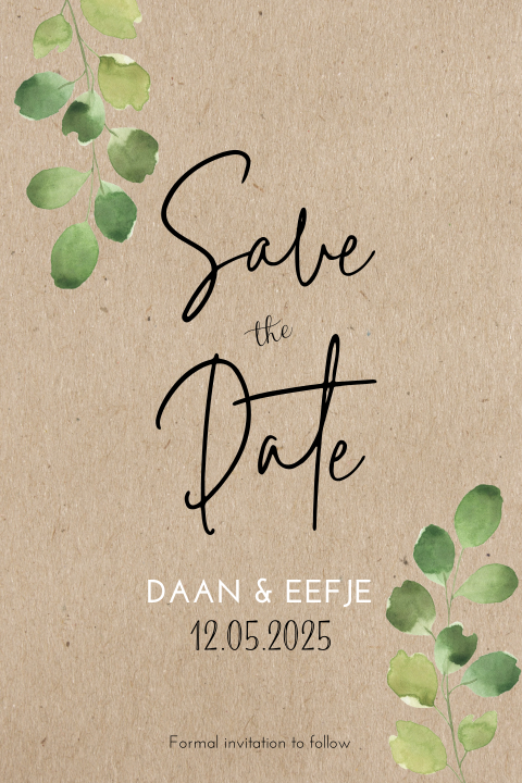 Save the Date kaart met kraftlook en groene takjes