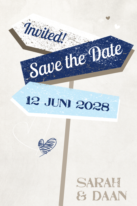 Save the date kaart met blauwe wegwijzer en hartjes