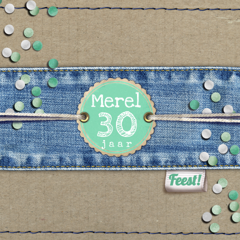 Uitnodiging 30e verjaardag met spijkerstof en confetti