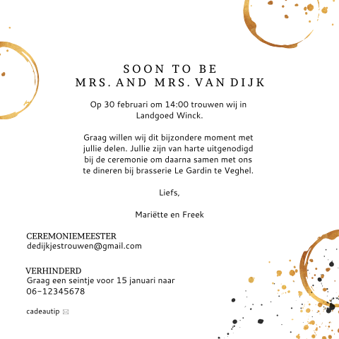 Stijlvolle Save the Date kaart goud wit