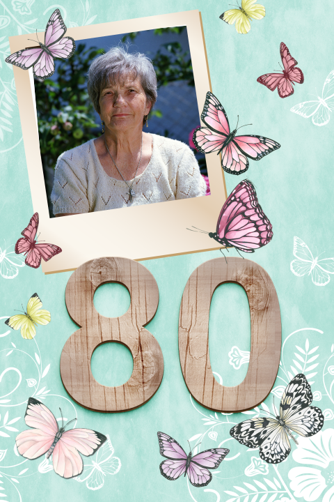 Uitnodiging 80 jaar met foto, hout en vlinders