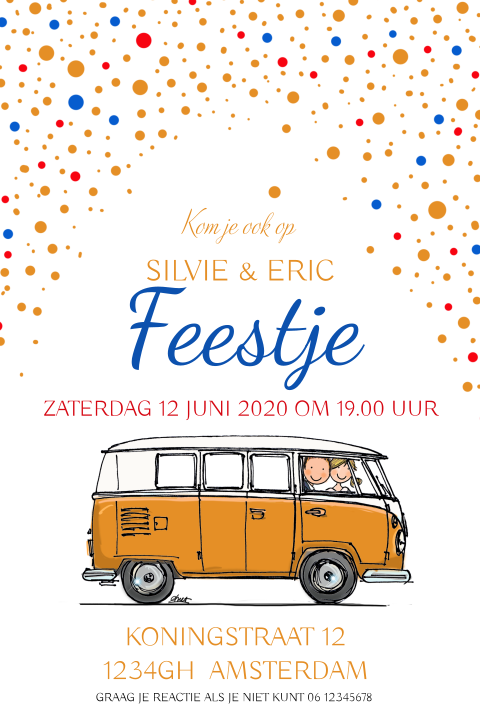 Uitnodigingskaart met hollandse confetti en oranje busje