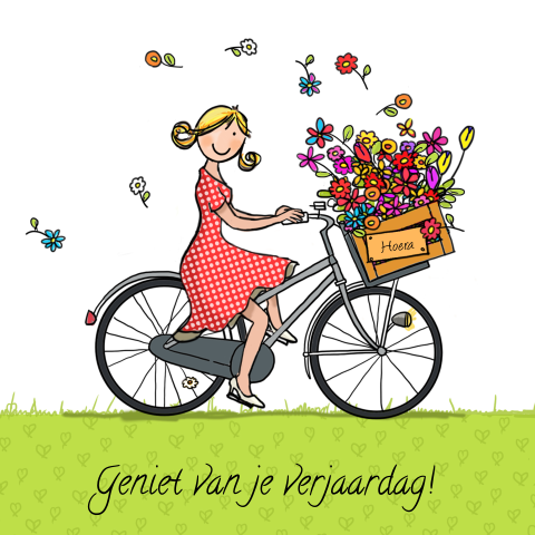Wenskaart met transporter fiets en krat vol bloemen