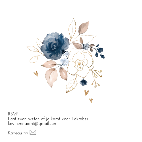Trouwkaart met oudroze en blauwe bloemen en takjes
