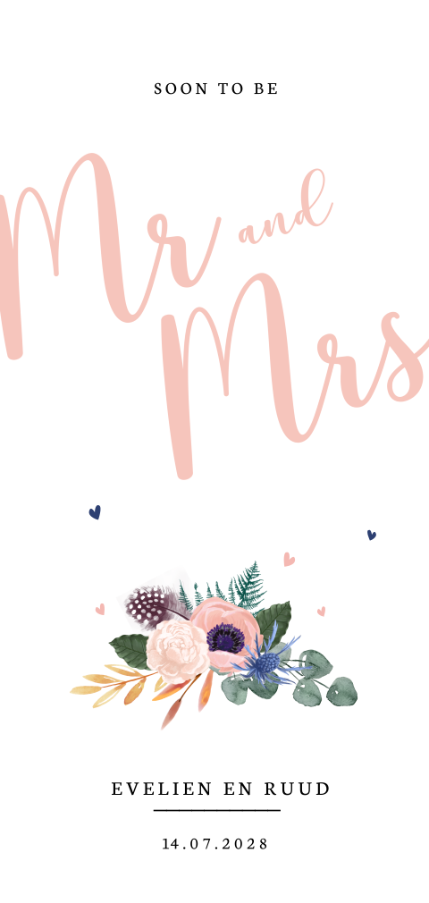 Trouwkaart met bloemen en hartjes en MR MRS
