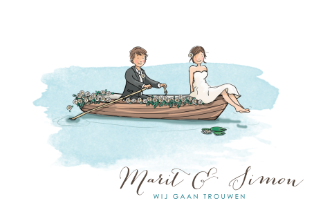 Trouwkaart met illustratie van bruidspaar in roeibootje