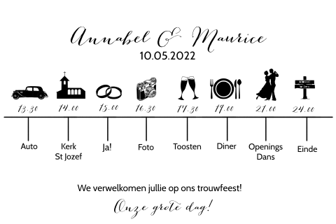 Bijzonder originele trouwkaart met tijdlijn en icoontjes