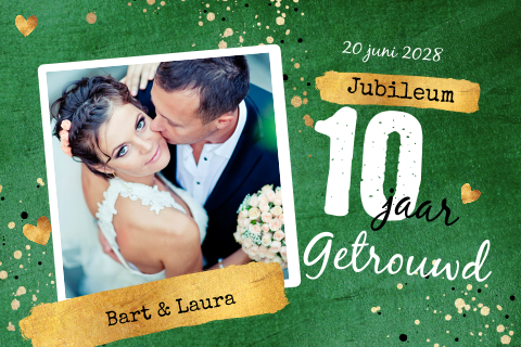 Uitnodiging 10 jaar getrouwd met groen goud en foto