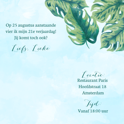 Uitnodiging 21 diner botanical aquarel blauw
