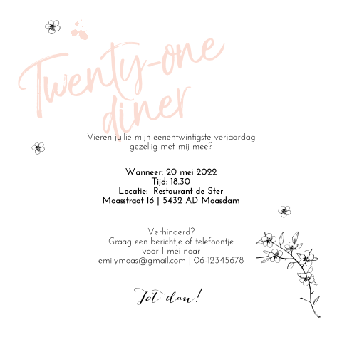 Uitnodiging 21 diner met foto, watercolor en takjes