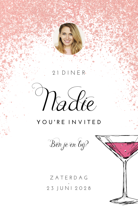 Uitnodiging 21 diner met roze glitter regen, foto en cocktail