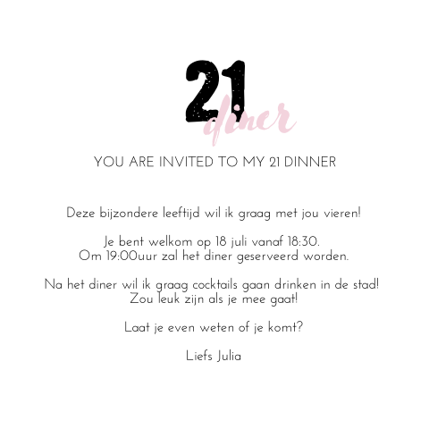 Uitnodiging 21 diner met kleurrijke vormen