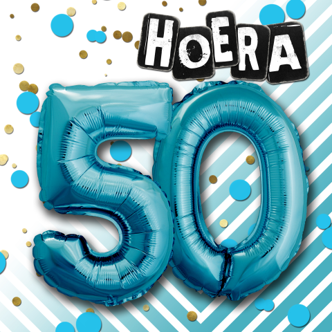 Hippe uitnodiging feest 50 met blauwe ballon