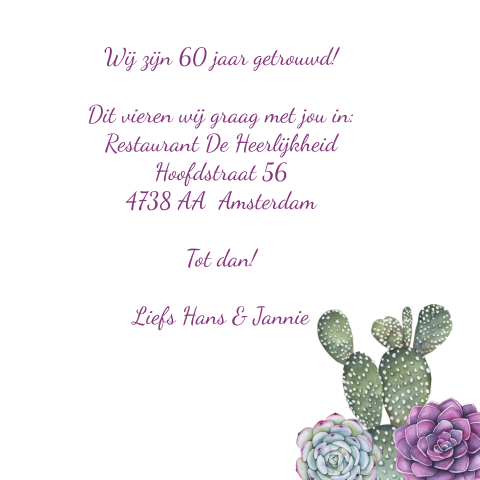 Uitnodiging 60 jaar getrouwd met cactus