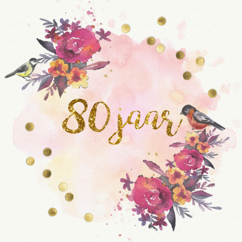 Uitnodiging 80 jaar verjaardag met bloemen en vogels