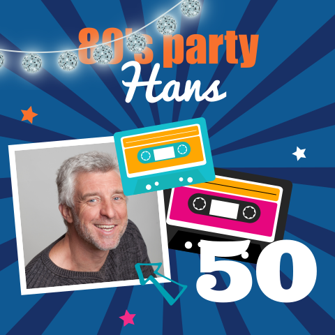 Uitnodiging 80s feest voor 50 jarige met foto en cassette