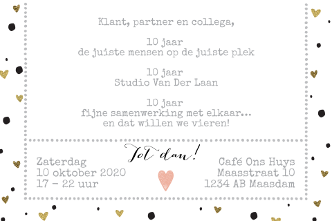 Uitnodiging bedrijfsuitje of personeelsfeest met goudkleurige hartjes