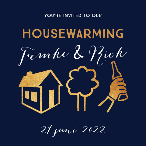 Uitnodiging housewarming met goudkleurige illustraties
