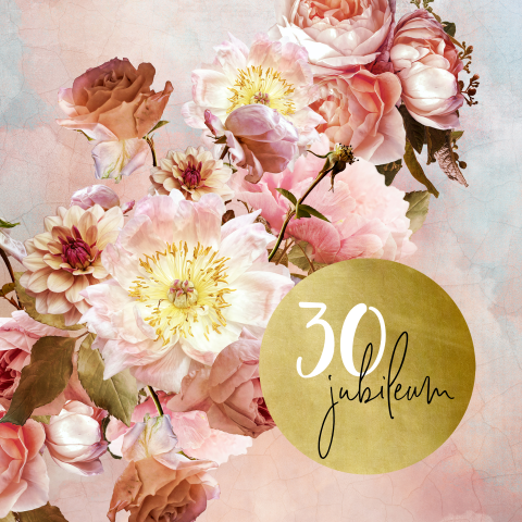 Uitnodiging 30 jarig huwelijksjubileum roze boeket met goudlook