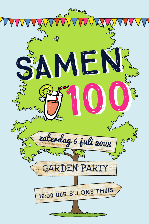 Uitnodiging verjaardag samen 100 in de tuin