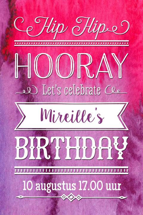Uitnodiging verjaardag met roze en paarse inktvlek