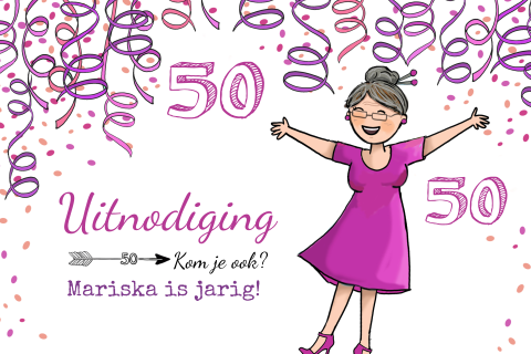 Uitnodigingskaart vijftig jaar met paarse confetti