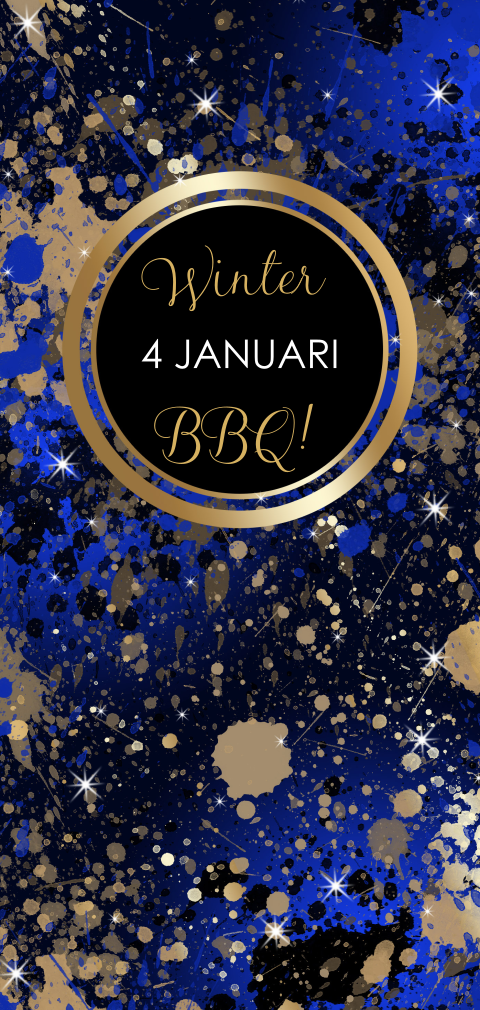 Uitnodiging winter BBQ met gouden en blauwe verfspetters