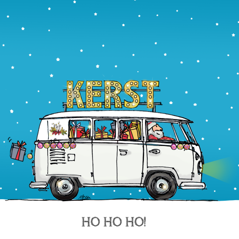 Grappig getekende kerst verhuiskaart met Volkswagenbusje