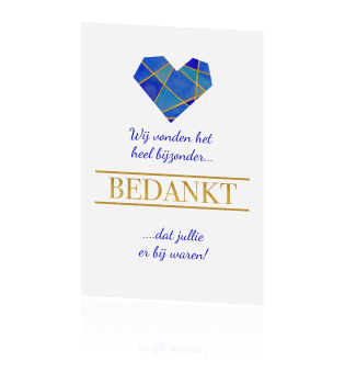 Super Bedankkaart bruiloft met blauw en gouden hart MW-36